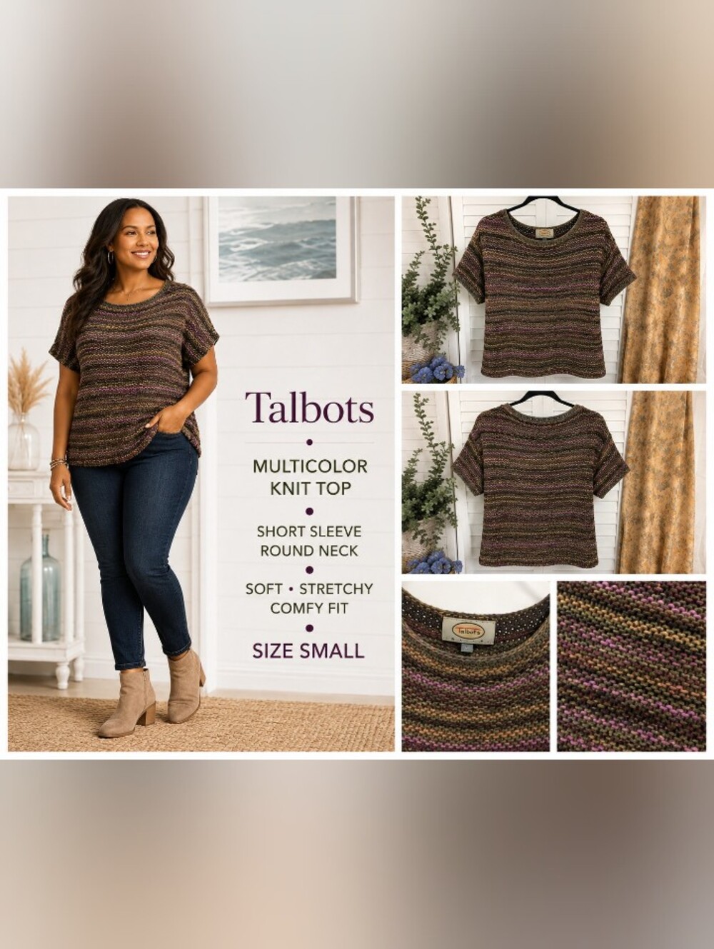 Talbots Textured Short-Sleeve Knit Sweater in Olive & Purple Size Small